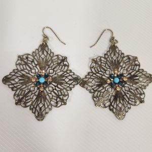 Express gold, blue, and bronze wire hook earrings